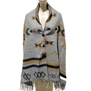 Aldo Scarf Button Wrap Poncho Fringe Gray Tan Black Fringe 190x65 cm Southwest